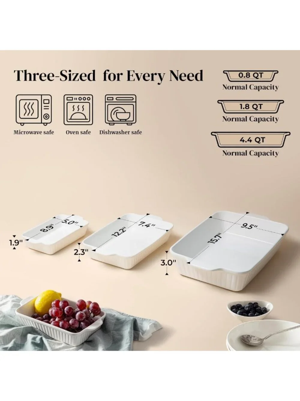 Ceramic Casserole Baking Dishes Set of 3 - Deep Lasagna Pan with Handles, White